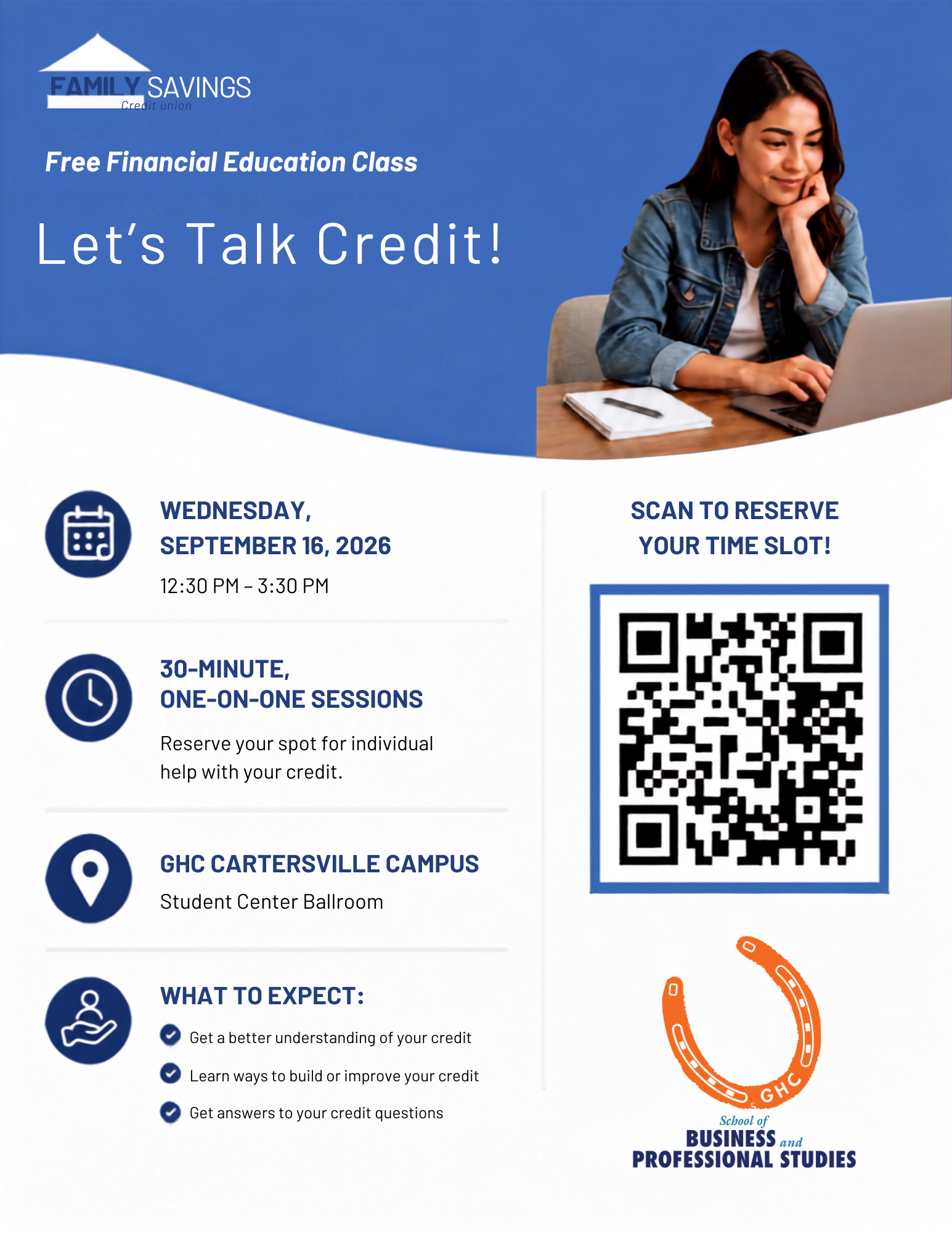 Promotional flyer for a free financial education class titled “Let’s Talk Credit!” from Family Savings Credit Union. The flyer features a person using a laptop, event details for Wednesday, September 16, 2026, from 12:30 PM to 3:30 PM, 30-minute one-on-one credit sessions, and a location at GHC Cartersville Campus Student Center Ballroom. A QR code invites attendees to reserve a time slot. The flyer also lists learning outcomes, including understanding credit, building or improving credit, and getting answers to credit questions.